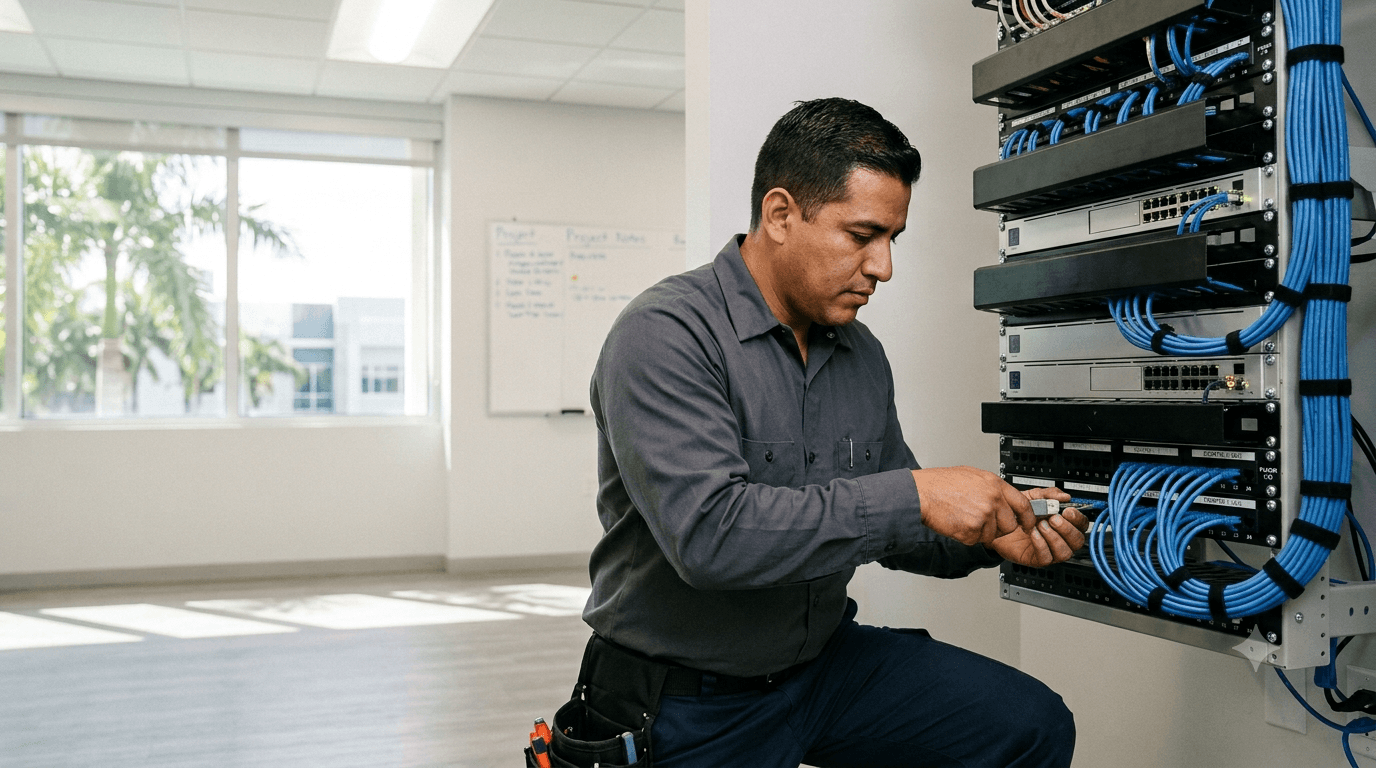 VoIP Made Simple technician terminating Cat6 cabling into a labeled patch panel on a clean network rack in a bright Broward County, Florida office